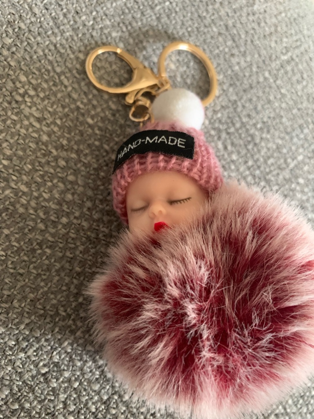 Hand-Made Pink Pom Pom Doll Keychain or charm for a bag